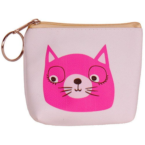Portemonneetje rits wit met roze kattenkop - 8x9cm