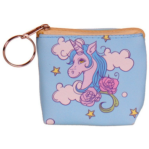Portemonneetje rits eenhoorn lichtblauw met wolken - 8x9cm