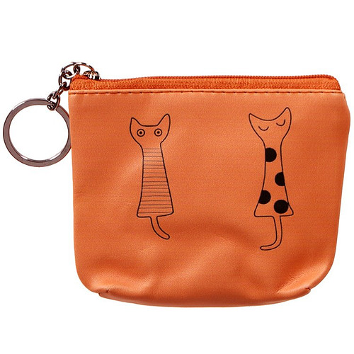 Portemonneetje rits 2 getekende poezen lichtbruin - 10x11cm