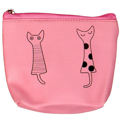 Portemonneetje rits 2 getekende poezen roze - 10x11cm