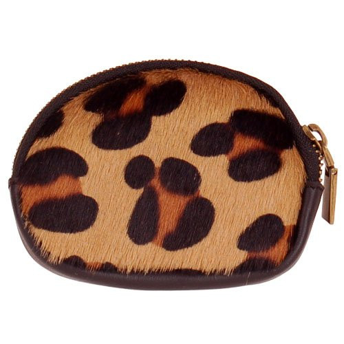 Kleine lederen ritsportemonnee met nepdierenvacht - wildlifeprint beige - 11x9cm