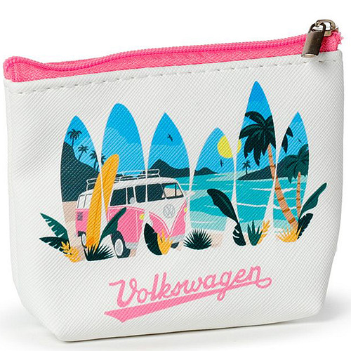 Ritsportemonnee - Volkswagen VW Busje T1 - Beach - Wit/Roze - 8x11x3cm