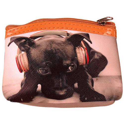 Kleine Portemonnee - Hond Zwart met Koptelefoon - Ritsje - 11x9x1.5cm