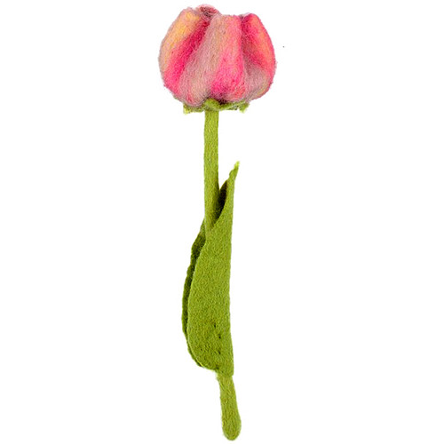 Vilten Tulp Roze en Geel op Groene Steel - 32cm