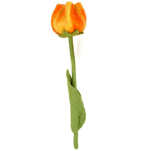 Vilten Tulp Geel met Oranje op Groene Steel - 32cm