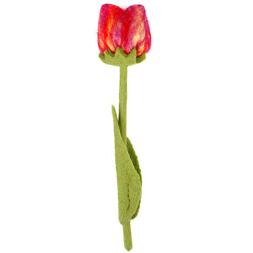 Vilten Tulp Rood met Paars op Groene Steel - 32 cm
