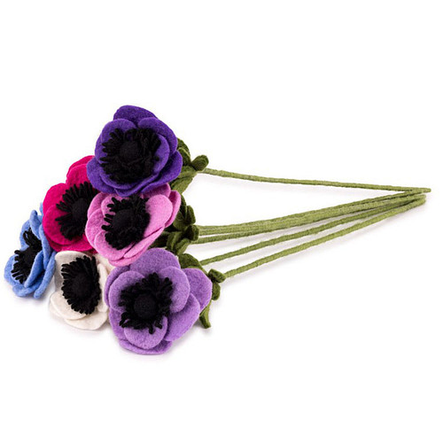 Bloemen Wolvilt - Anemoon Assorti - Set 6 stuks - Lila/Wit/Blauw/Fuchsia/Paars/Roze - Homedeco Fairmade - 40cm 