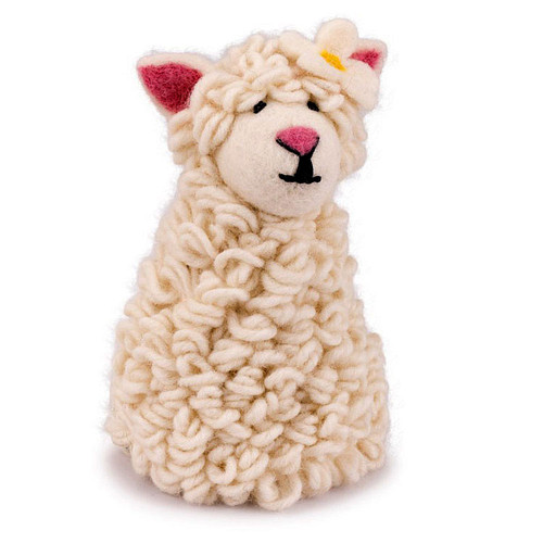 Wolvilt Schaap met Margrietje Wit - Kleine Handpop/Eiwarmer - Handmade&Fairmade Homedeco - 14cm