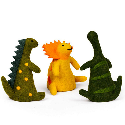 Wolvilt Dinosaurussen - Set 3 st - Brontosaurus/Stegosaurus/Triceratops - Kleine Handpop/Eiwarmer - Fairmade Homedeco - 13x8cm