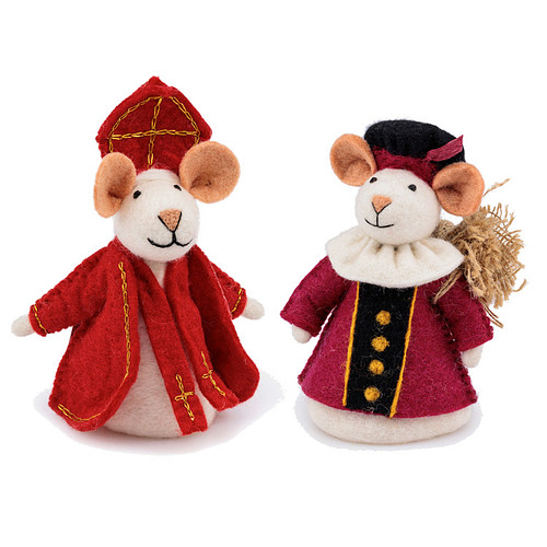 Vilten Sintermuis en  Piet Cyclaam met Jute Zak  -  18cm