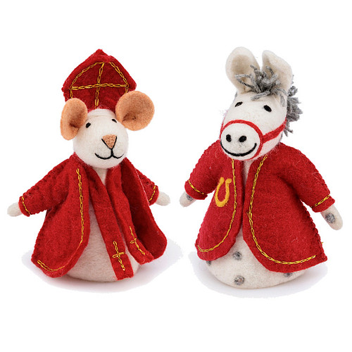 Vilten Sintermuis en Paard - Rood & Creme & Goudkleurig Draad - 18cm