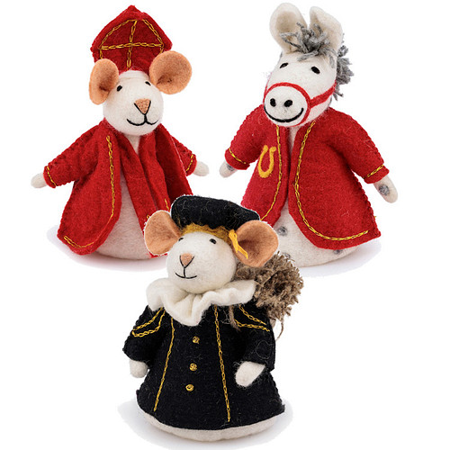 Vilten Sintermuis, Paard en  Hoofdpiet met Jute Zak  -  18cm