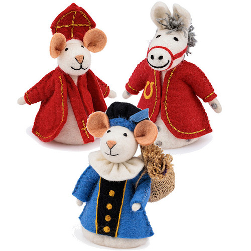 Vilten Sintermuis, Paard en  Piet Blauw met Jute Zak  -  18cm