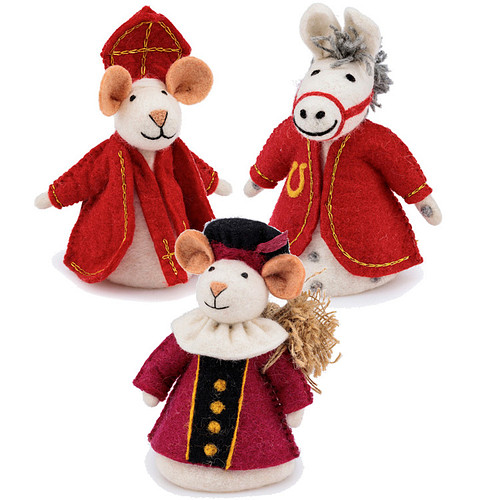 Vilten Sintermuis, Paard en  Piet Cyclaam met Jute Zak  -  18cm