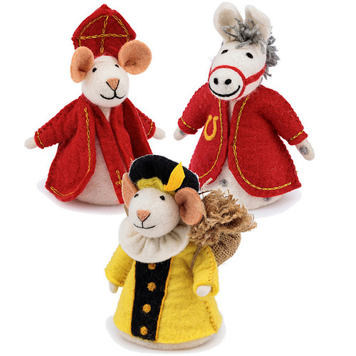Vilten Sintermuis, Paard en  Piet Geel met Jute Zak  -  18cm