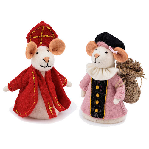 Vilten Sintermuis en  Piet Lichtroze met Jute Zak  -  18cm