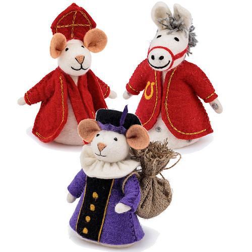 Vilten Sintermuis, Paard en  Piet Paars met Jute Zak  -  18cm