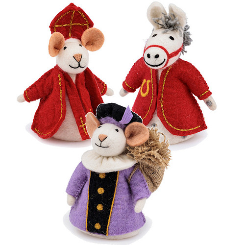 Vilten Sintermuis, Paard en  Piet Lila met Jute Zak  -  18cm