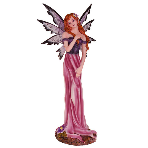 Beeldje Fantasy Elf/Fee - Paars/Roze met Hand over Borst & Bloem in Haar - Vlindervleugels - Medium - Polyresin - 24x13cm