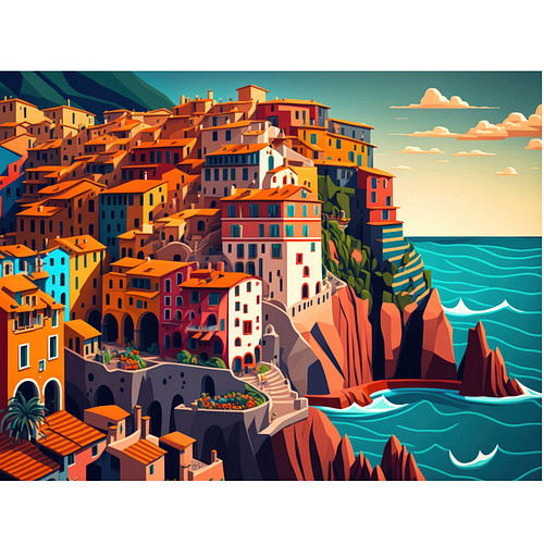 Schilderen op Nummer Set - Mediterraans Stadje aan Zee - incl. Verf & Penselen - 30x40cm