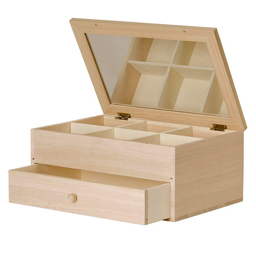 Juwelen Kistje & Spiegel - 6 Vakken / 1 Lade - DIY & Hobby / Creatief - Duurzaam & Onbehandeld Hout - 11.5x26x17.5cm