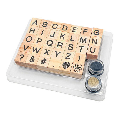 Knutselset - Houten Stempels - Letter&Figuren 33 Stuks - Inkt Zwart&Goudkleurig - Hobby/DIY - 13mm
