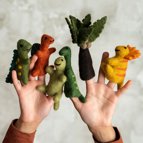 Vingerpoppetje Wolvilt - Dinosaurussen Diverse Assorti 6 stuks - Handmade&Fairmade - 12x7cm