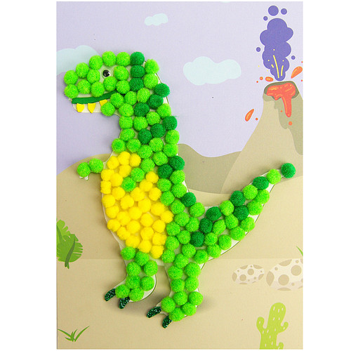 Knutselset Kind 3+ - Dinosaurus Vulkaan - Pompoms Vorm Plakken - Hobby - 15x21cm