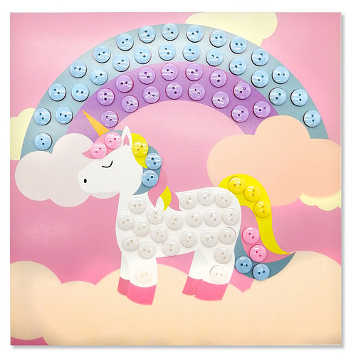 Knutselset Kind 3+ - Eenhoorn Regenboog Wolken Roze - Knopen Plakken 88st - Hobby - 22x22cm