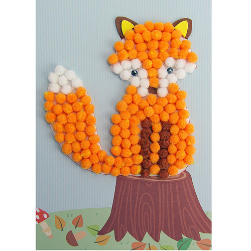 Knutselset Kind 3+ - Vos Boomstam - Pompoms Vorm Plakken - Hobby - 15x21cm