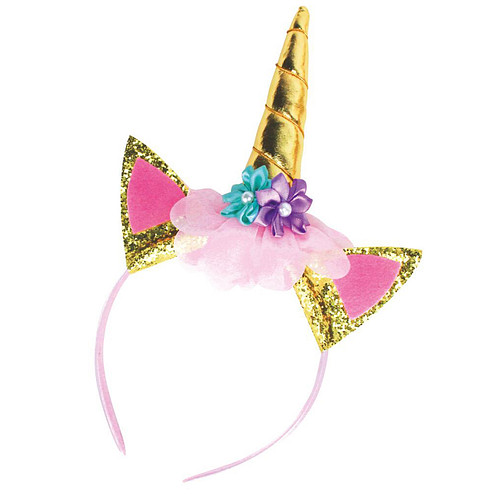 Diadeem Unicorn DIY - Hobby & Creatief - Diadeem/Glitters/Goudkleurige Hoorn/Bloemen/Tulle - 20x12cm