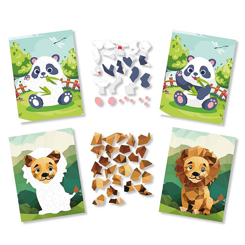 Knutselset - Panda & Leeuw - 2 Kaarten - Stickers Plakken op Nummer - Stickermozaiek - A5 Formaat