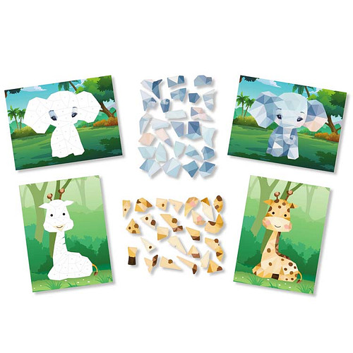 Knutselset - Olifant & Giraffe - 2 Kaarten - Stickers Plakken op Nummer - Stickermozaiek - A5 Formaat