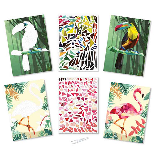 Knutselset - Tropical Toekan & Flamingo - 2 Kaarten - Stickers Plakken op Nummer - Stickermozaiek - A4 Formaat
