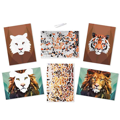 Knutselset - Tijger & Leeuw - 2 Kaarten - Stickers Plakken op Nummer - Stickermozaiek - A4 Formaat