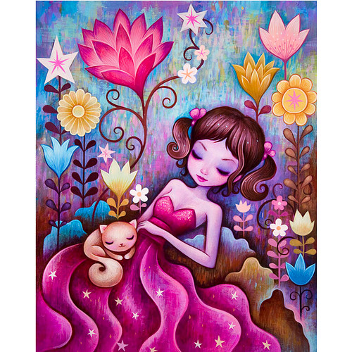 Diamond Painting Set - Jonge Vrouw in Jurk Tussen Bloemen & Slapend Poesje - incl. Pen & Wax - 40x50cm