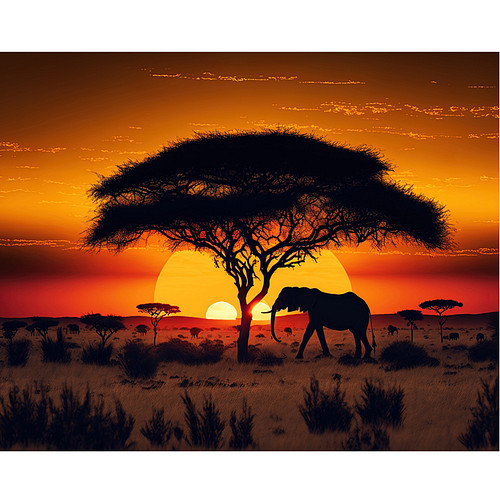 Diamond Painting Set - Savanne Sunset Boom Olifant - incl. Pen & Wax - 40x50cm