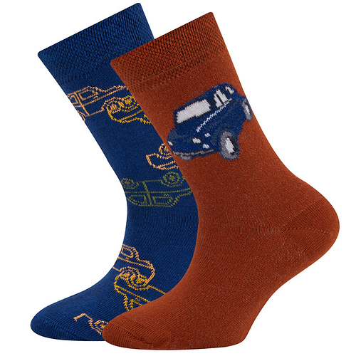 Sokken Ewers Kindermaat - DUOPACK - Donkerblauw & Roodbruin met Autos Design 