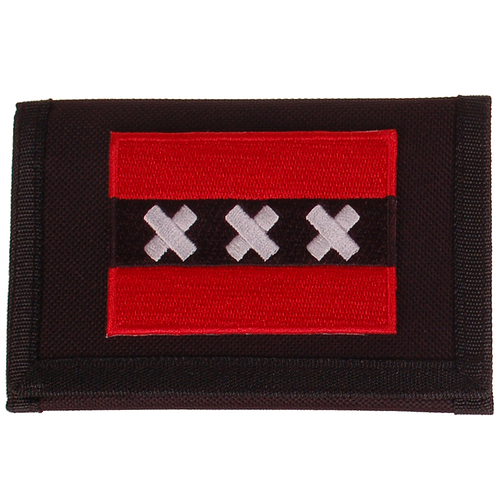 Zwarte klittenbandportemonnee 12x9cm - Applicatie 8x6cm vlag Amsterdam
