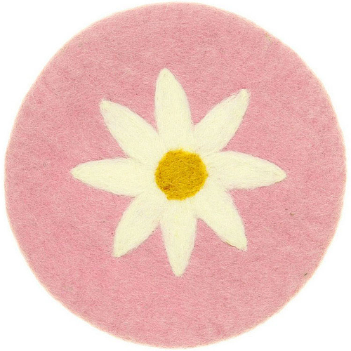 Vilten Onderzetter Rond- Roze met Witte Margriet - 20 cm - Fairtrade Homedeco