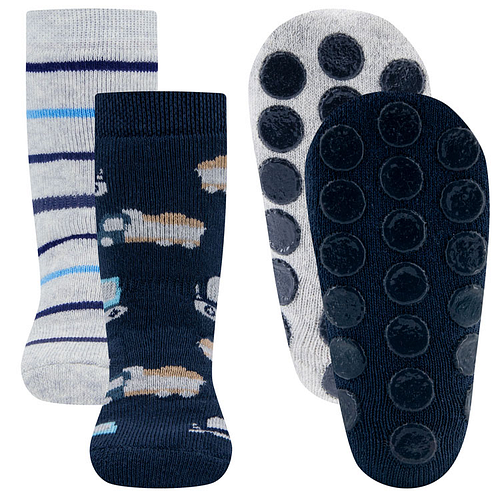 Antislipsokken Ewers Kindermaat - DUOPACK - Donkerblauw & Grijs met Vrachtautos/Kranen & Streepjes - Siliconen Noppen
