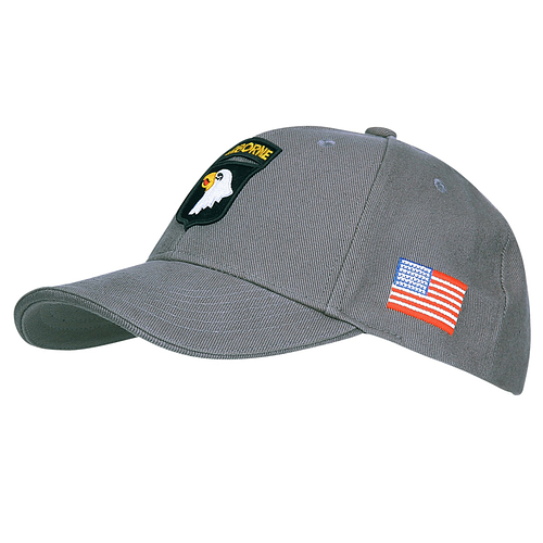 Baseball cap 101st Airborne Geborduurd Logo en Amerikaanse Vlag - Grijs