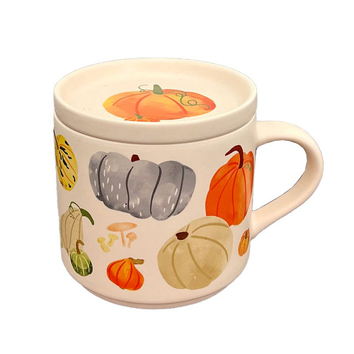 Beker/Mok - Onderzetter Deksel Set - Autumn Harvest Pompoenen - Porselein - 300ml