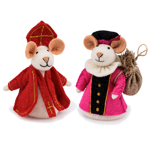 Vilten Sintermuis en  Piet Fuchsia met Jute Zak  -  18cm