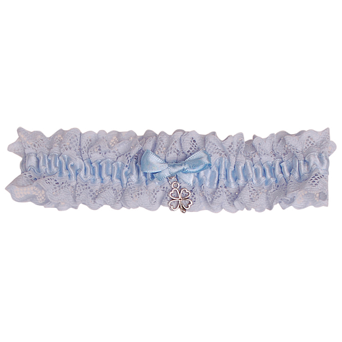 Kousenband Blauw Broderie - blauw strikje en zilverkleurig klavertje