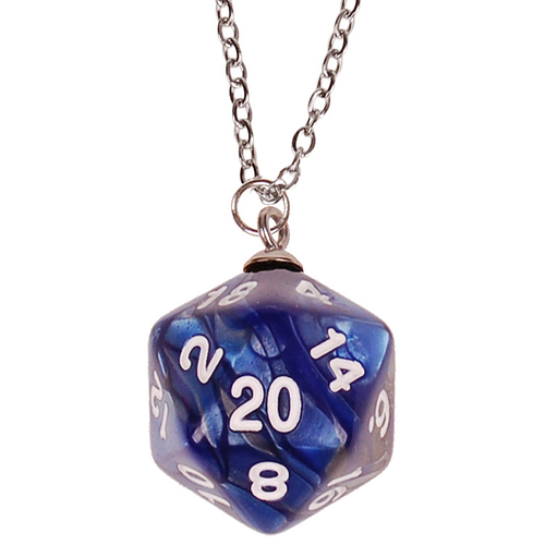 Ketting Zilverkleurig 55cm - Hanger DnD D20 dobbelsteen blauw/grijs 2,5cm