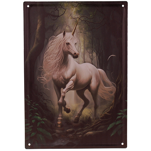 Metalen Wandbord 3D Relief - Mytische Eenhoorn in Woud Fantasy - Homedeco - 28x40,5cm