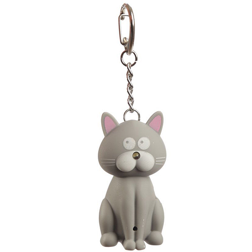 Sleutelhanger - Kat Lichtgrijs - Led Lampje & Miauw Geluid - 10x5,5x2,5cm
