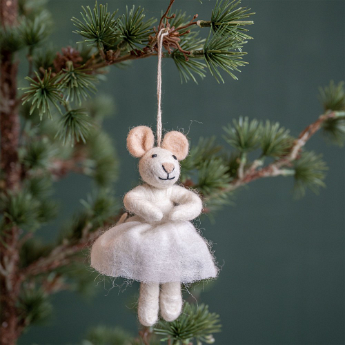 Hanger Vilt Figuurtje - Ballerina Muis Jurkje Wit - 13cm - Handgemaakt & Fairtrade