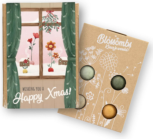 Blossombs Kerst - Wishing you a Happy X-mas! - Doosje met 4 Bloembommetjes - Geschenkverpakking - 100% Natuurlijk